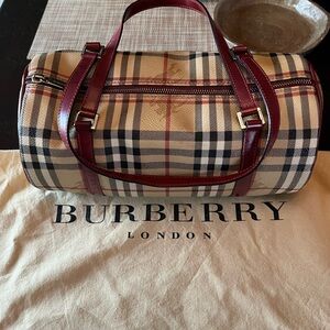 Burberry Beige and Burgundy Plaid Nova Barrel Bag